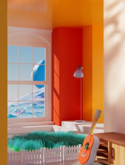 吉他 室内场景 工程-octane渲染免费下载